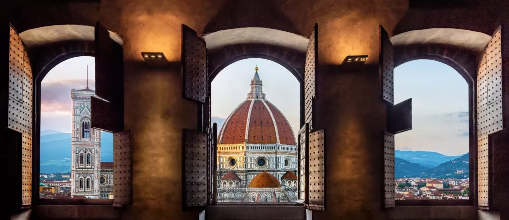 View from the old window on Florence Duomo Basilica di Santa Maria del Fiore.  Florence, Italy. Collage of the historical theme and the theme of travel.
