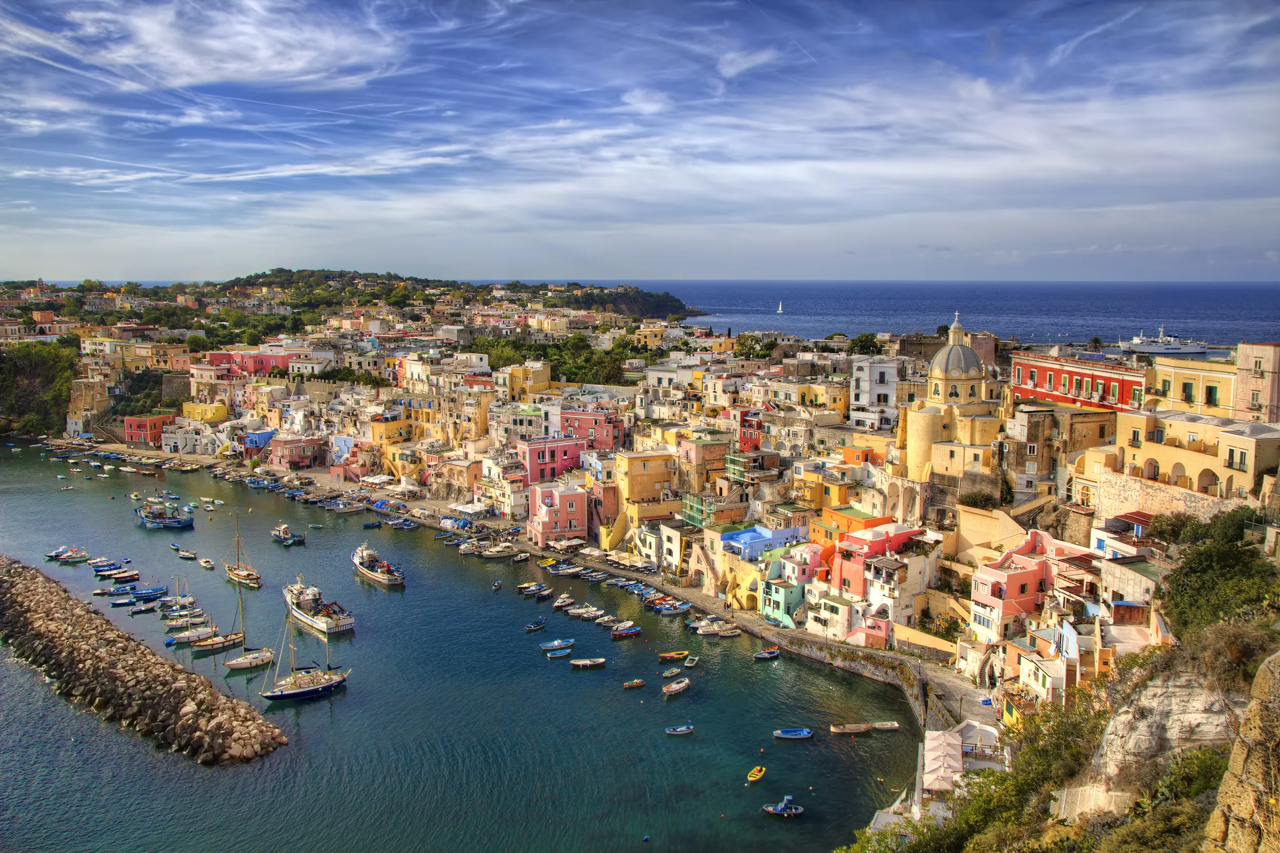 Harbor and ciry of Corricella, Island of Procida, Bay of Naples, Italy