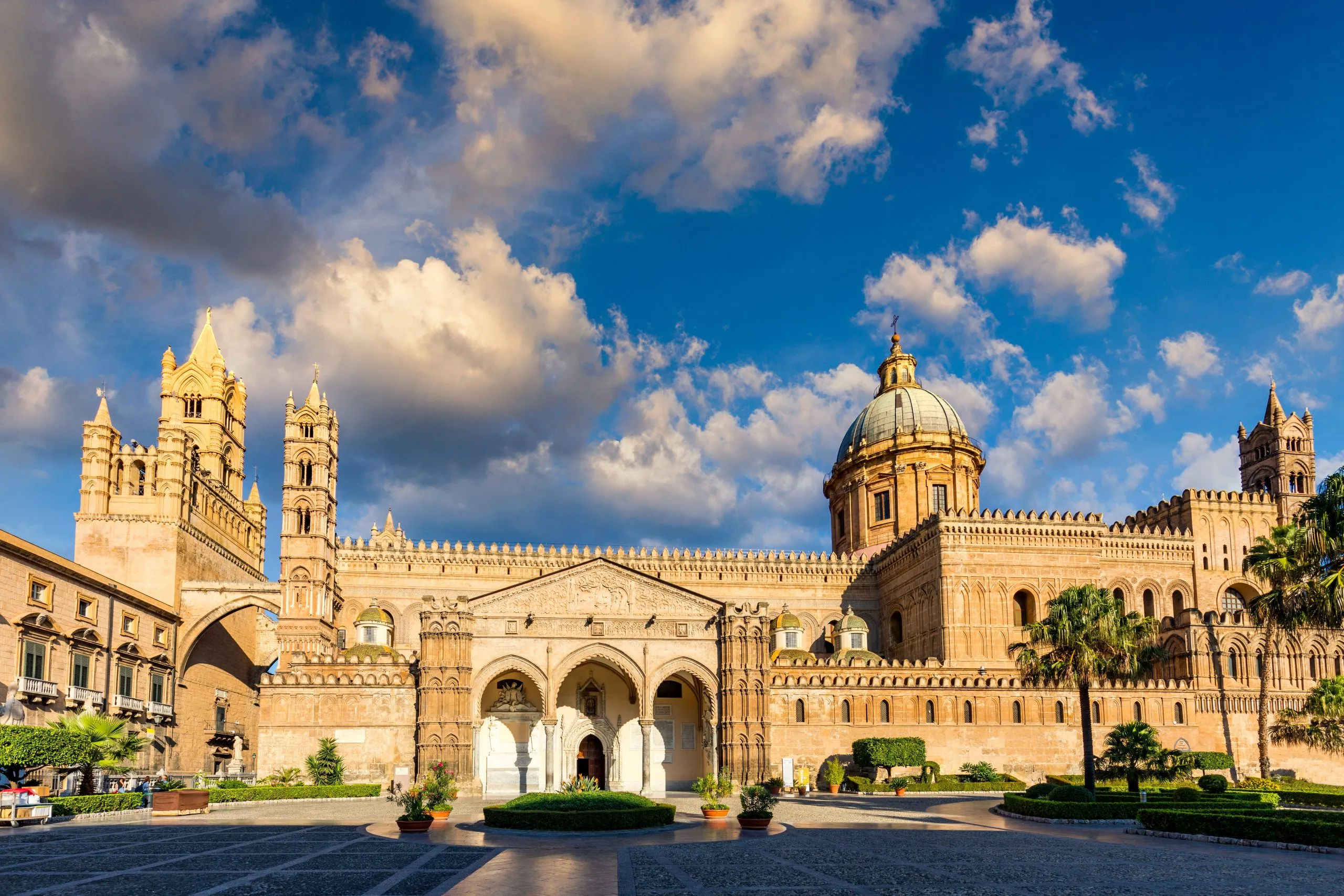 Palermo Cathedral in Palermo, Italy in a beautiful summer day. Palermo Cathedral is the cathedral church of the Roman Catholic Archdiocese of Palermo, located in Palermo, Sicily, Italy.