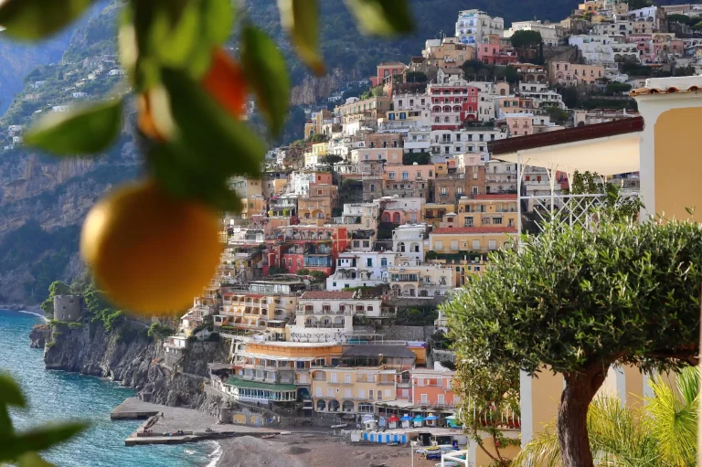 View of the beautiful cliffside structures of Positano in Amalfi Coast, Italy.
