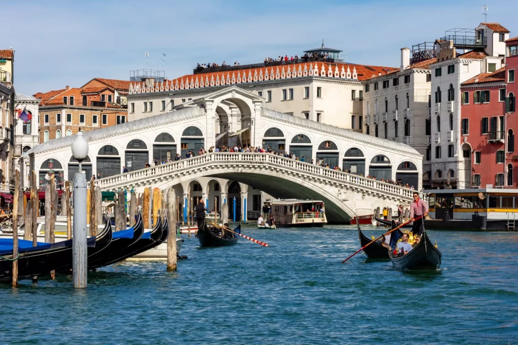Venice, Italy - October 2022: Rialto bridge and Grand canal in Venice