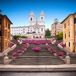 Spanish steps with azaleas at sunrise, Rome, Italy