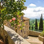 Roses at balcony in San Gimignano, Tuscany landscape background