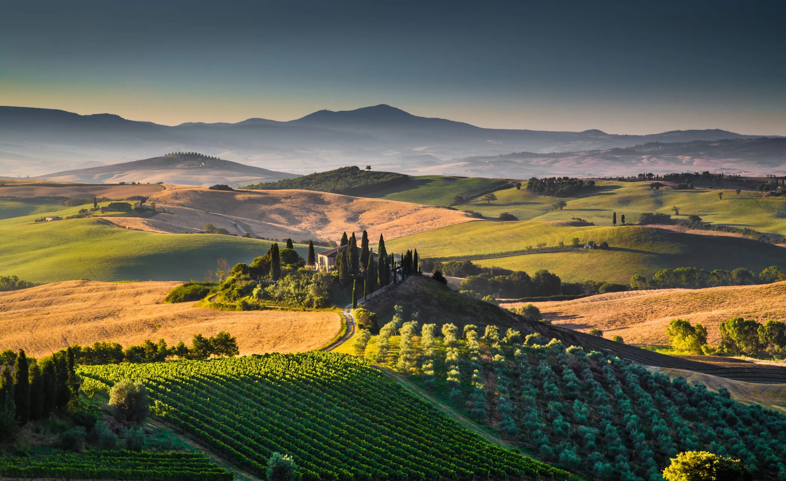 Scenic Tuscany landscape with rolling hills and valleys in golden morning light, Val d'Orcia, Italy