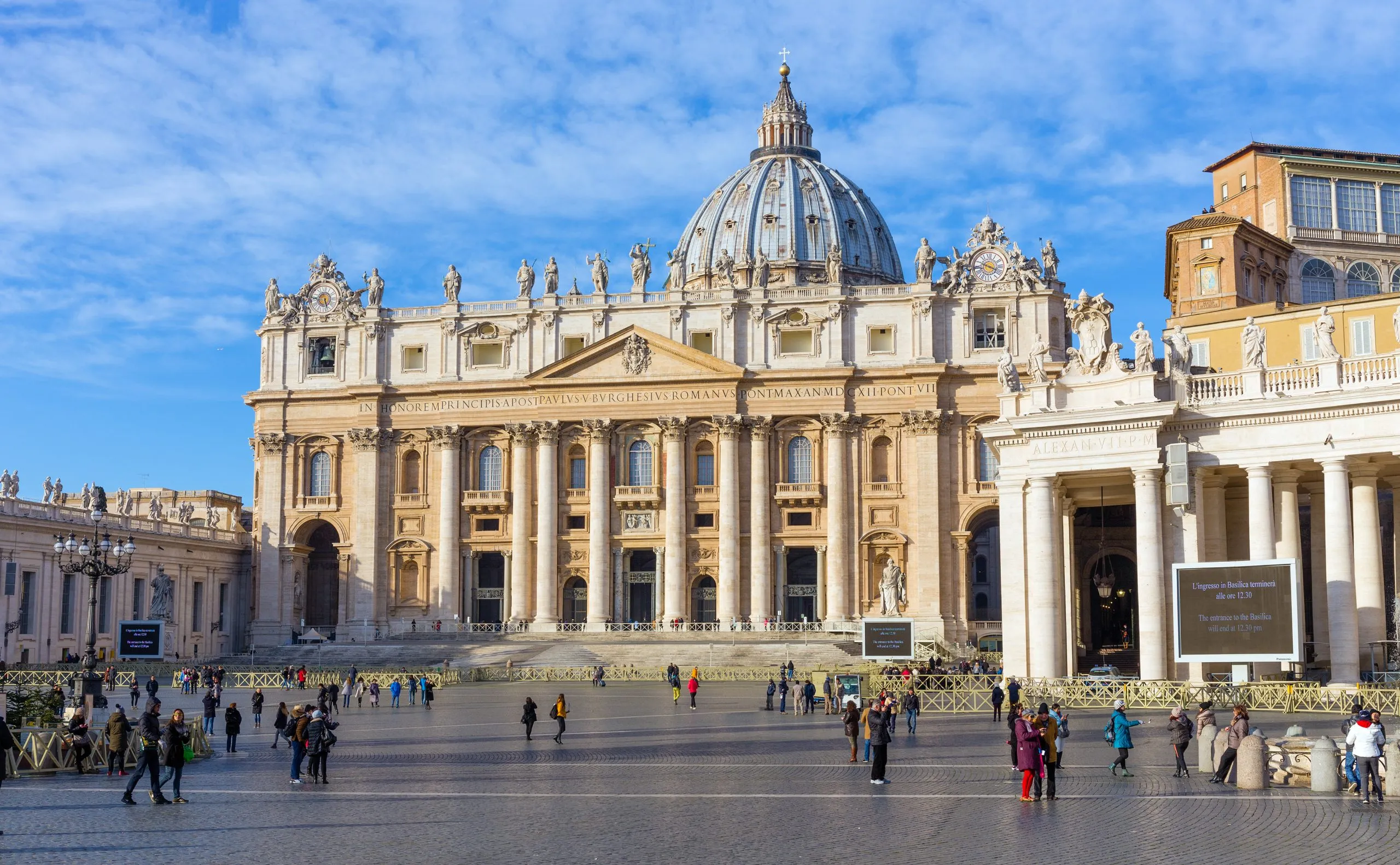 Rome, Italy - December 31, 2016: St. Peter's Basilica facade in Rome, Italy. St. Peter's is the most renowned work of Renaissance architecture and one of the largest churches in the world.